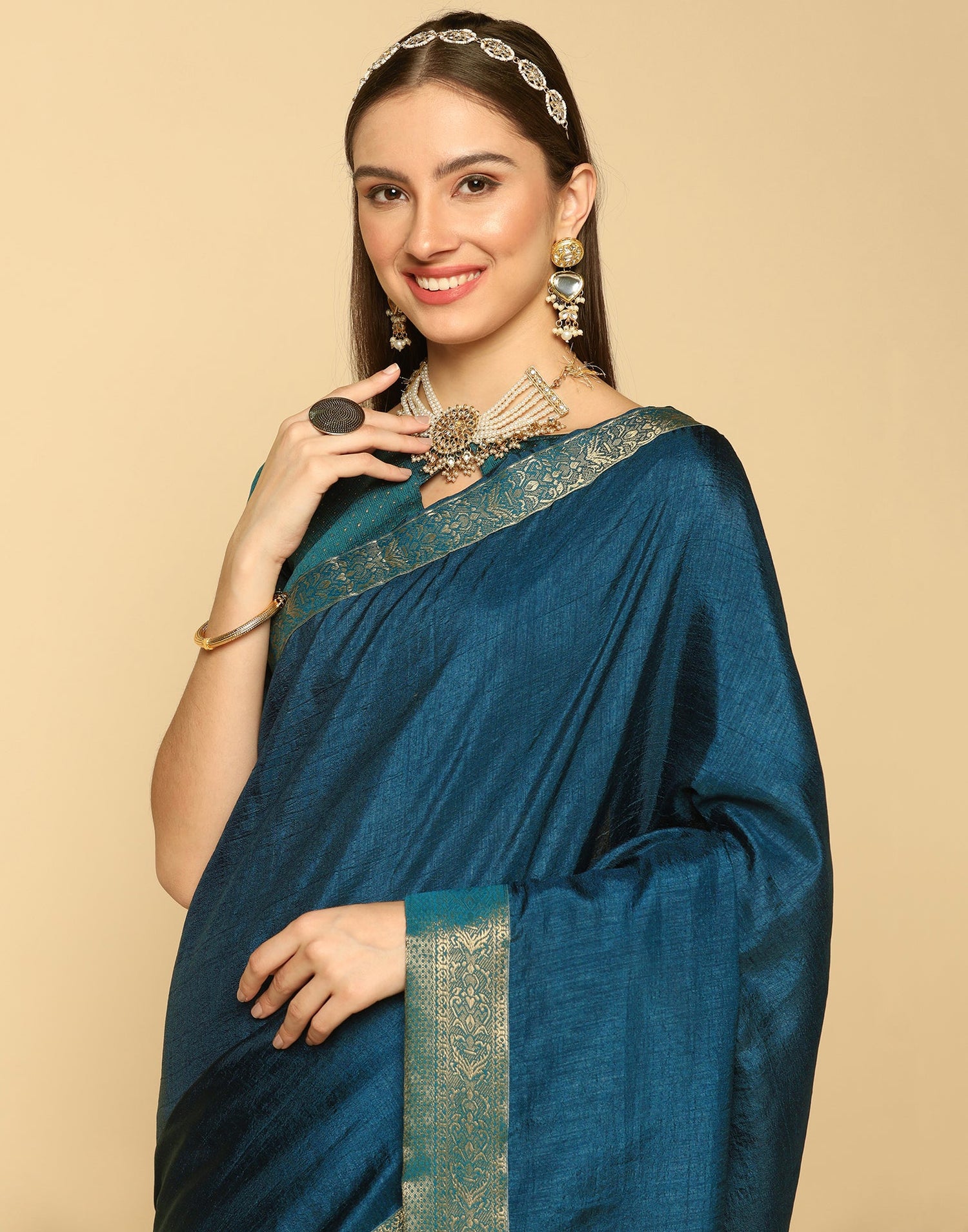 Dark Teal Blue Plain Silk Saree | Sudathi