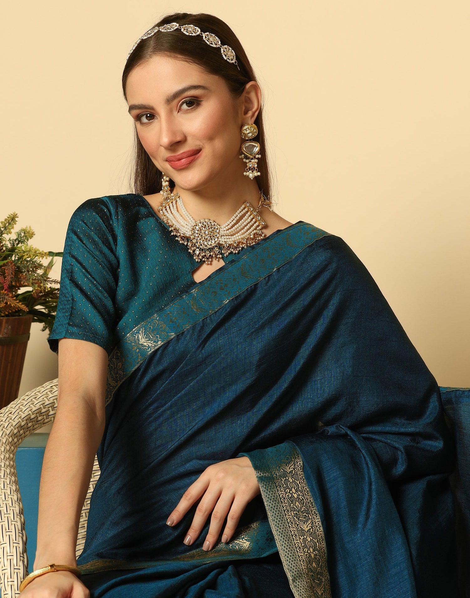 Dark Teal Blue Plain Silk Saree | Sudathi