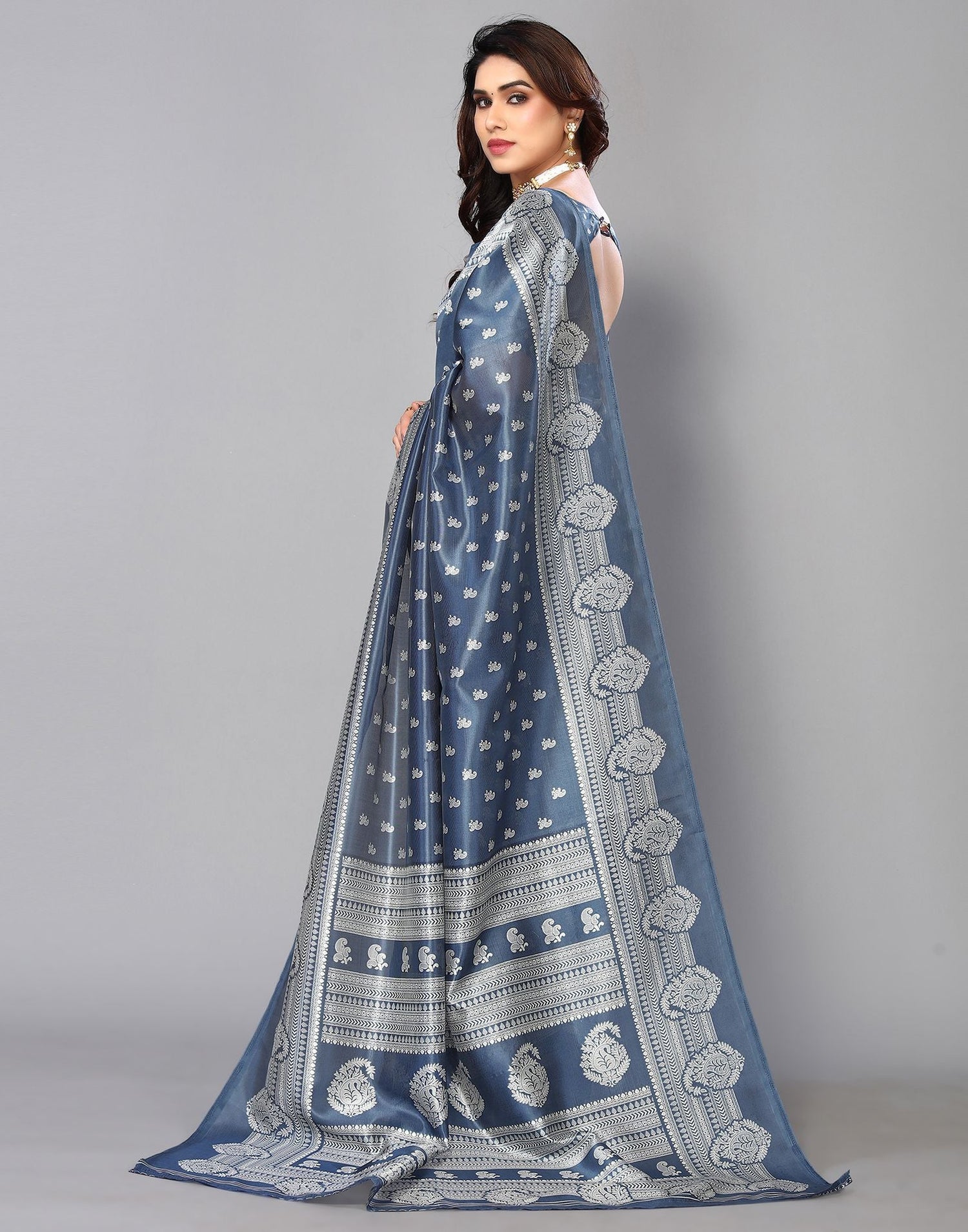 Grey Silk Printed Saree | Sudathi