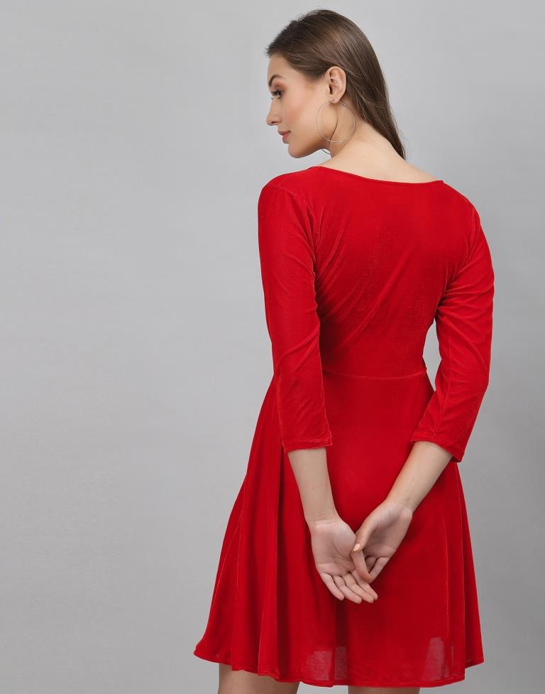 Red Coloured Velvet Lycra Plain Dress | Sudathi