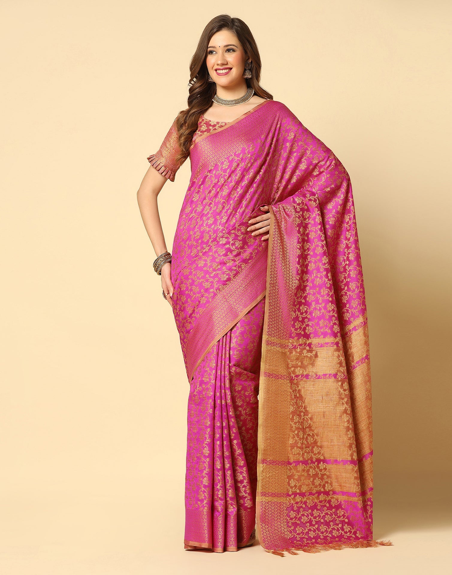 Pink. Beige Banarasi Silk Saree | Sudathi