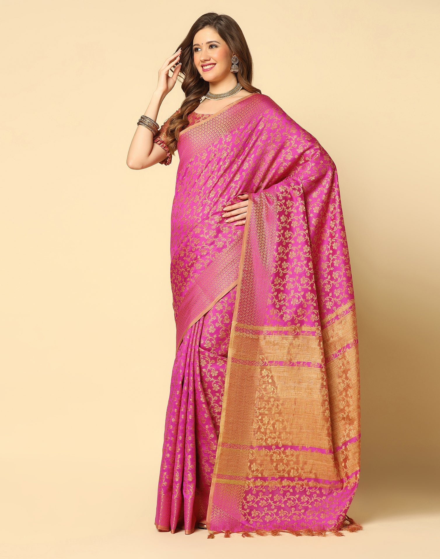 Pink. Beige Banarasi Silk Saree | Sudathi