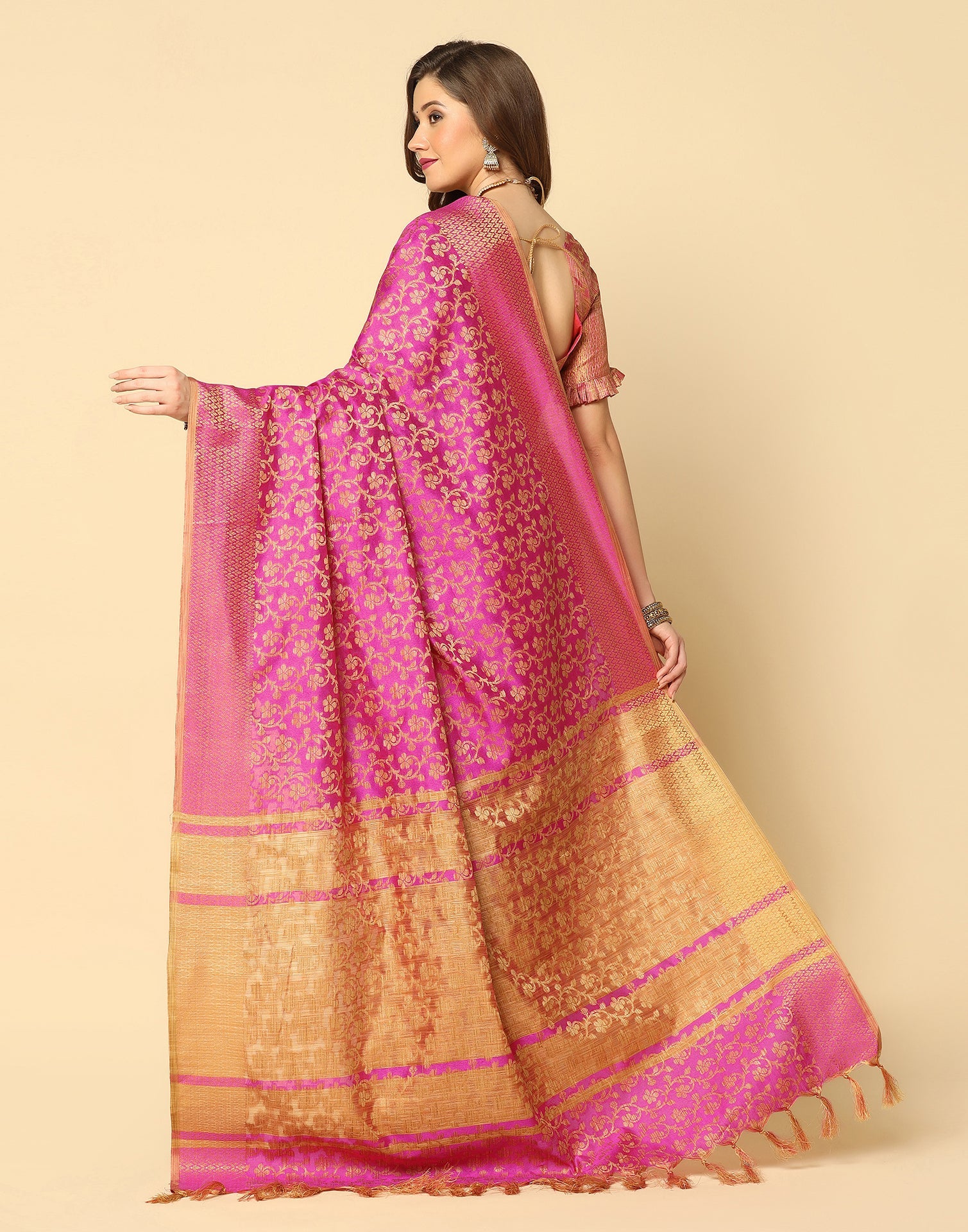 Pink. Beige Banarasi Silk Saree | Sudathi