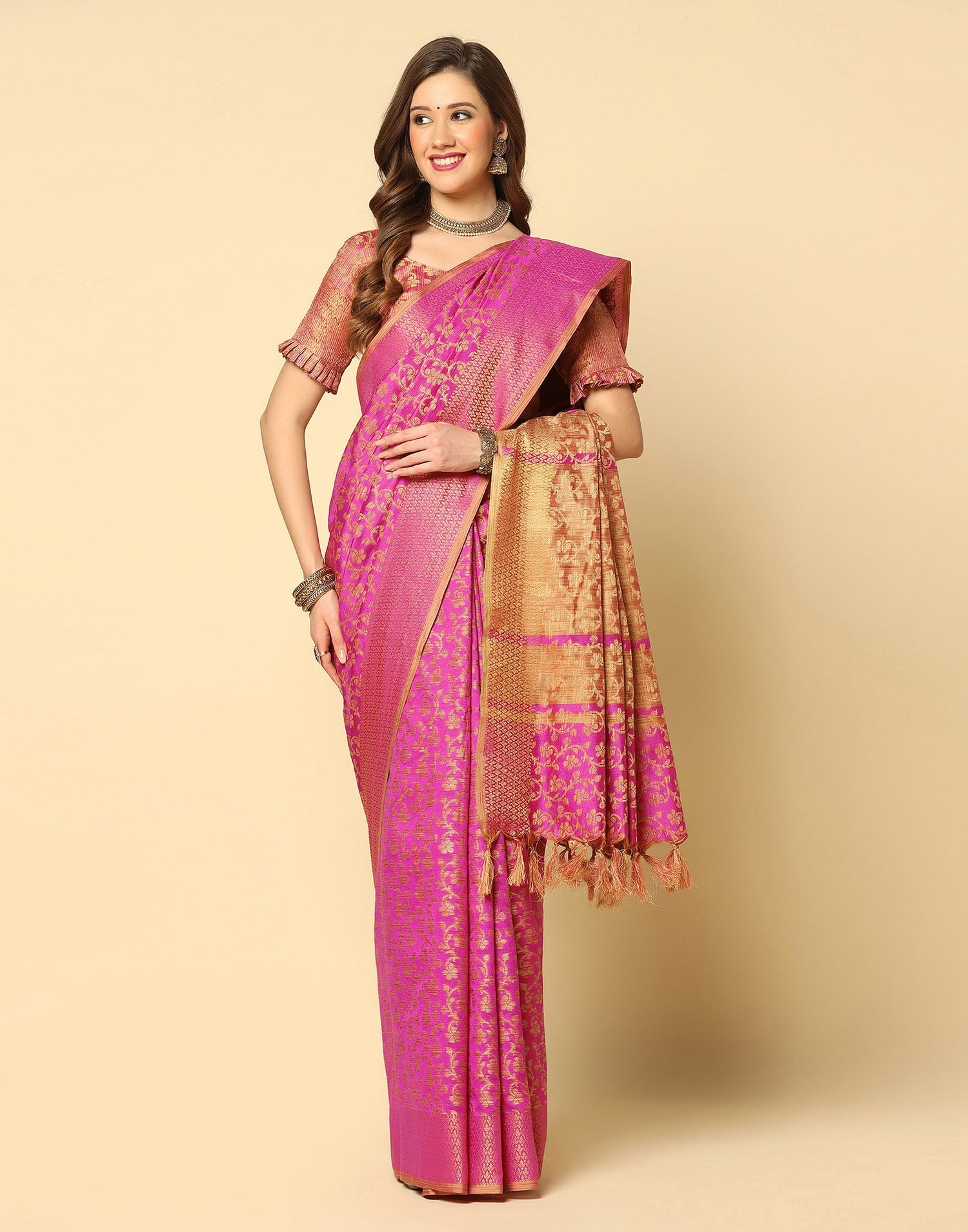 Pink. Beige Banarasi Silk Saree | Sudathi