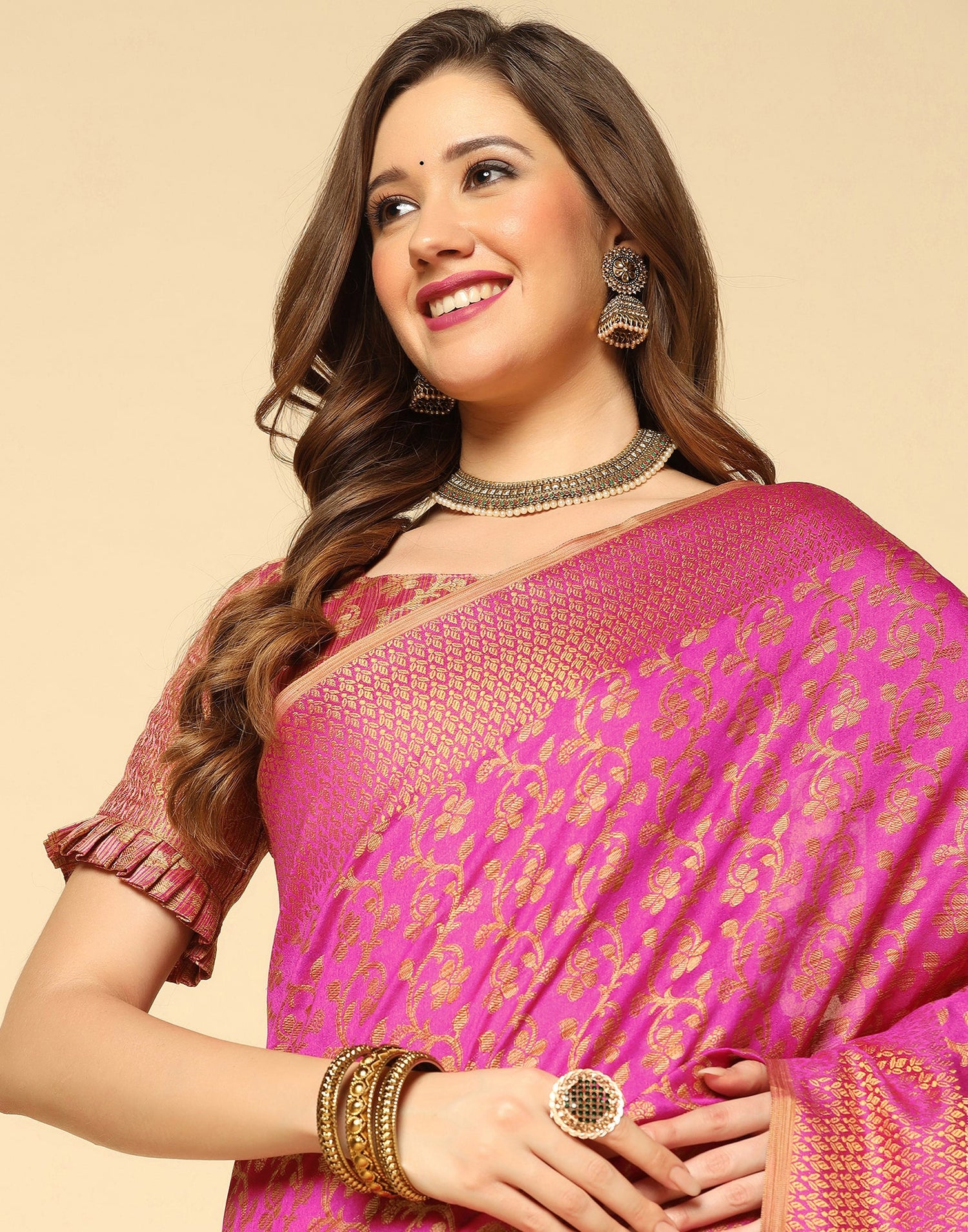 Pink. Beige Banarasi Silk Saree | Sudathi