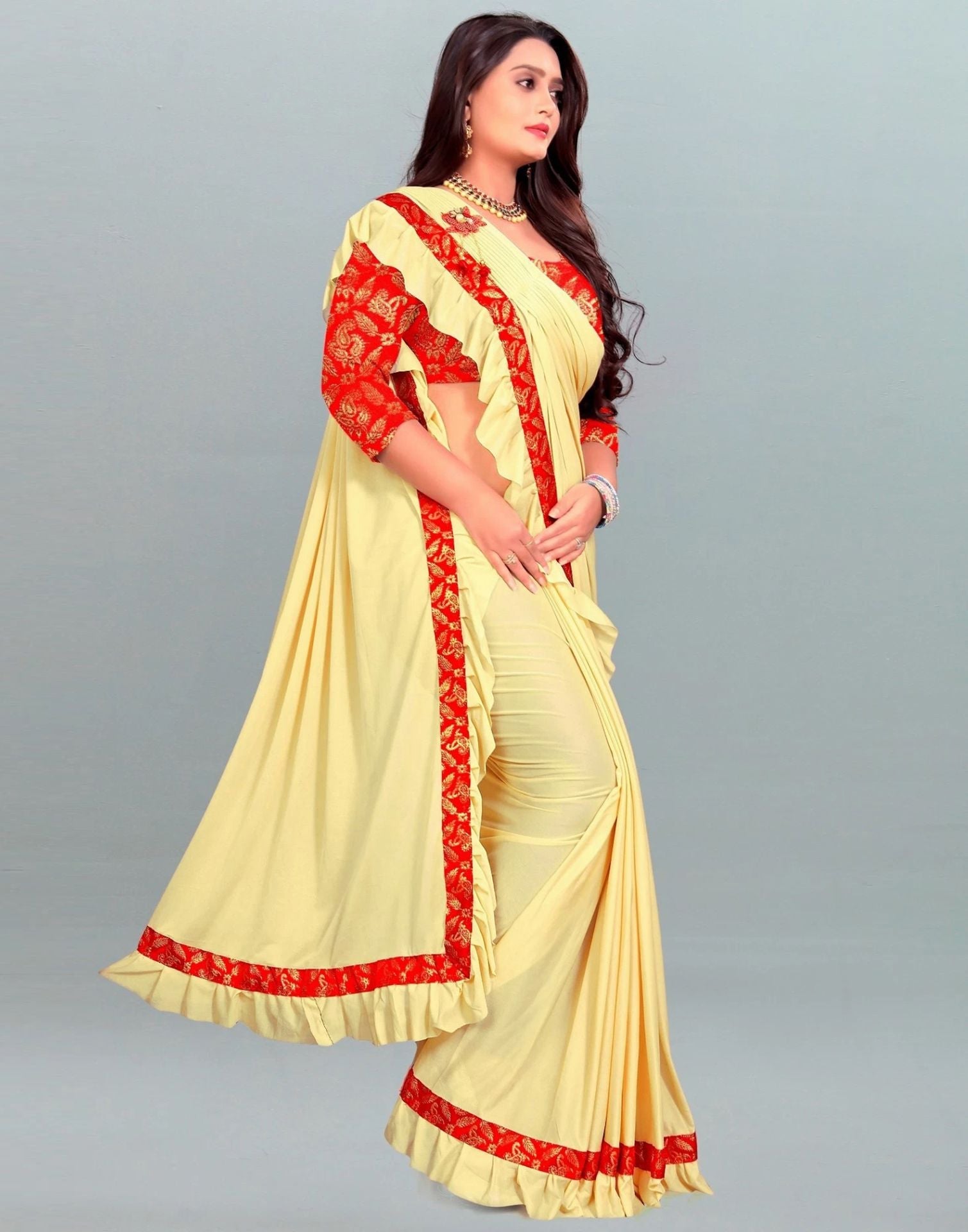 Cream Plain Pre-draped Saree | Sudathi