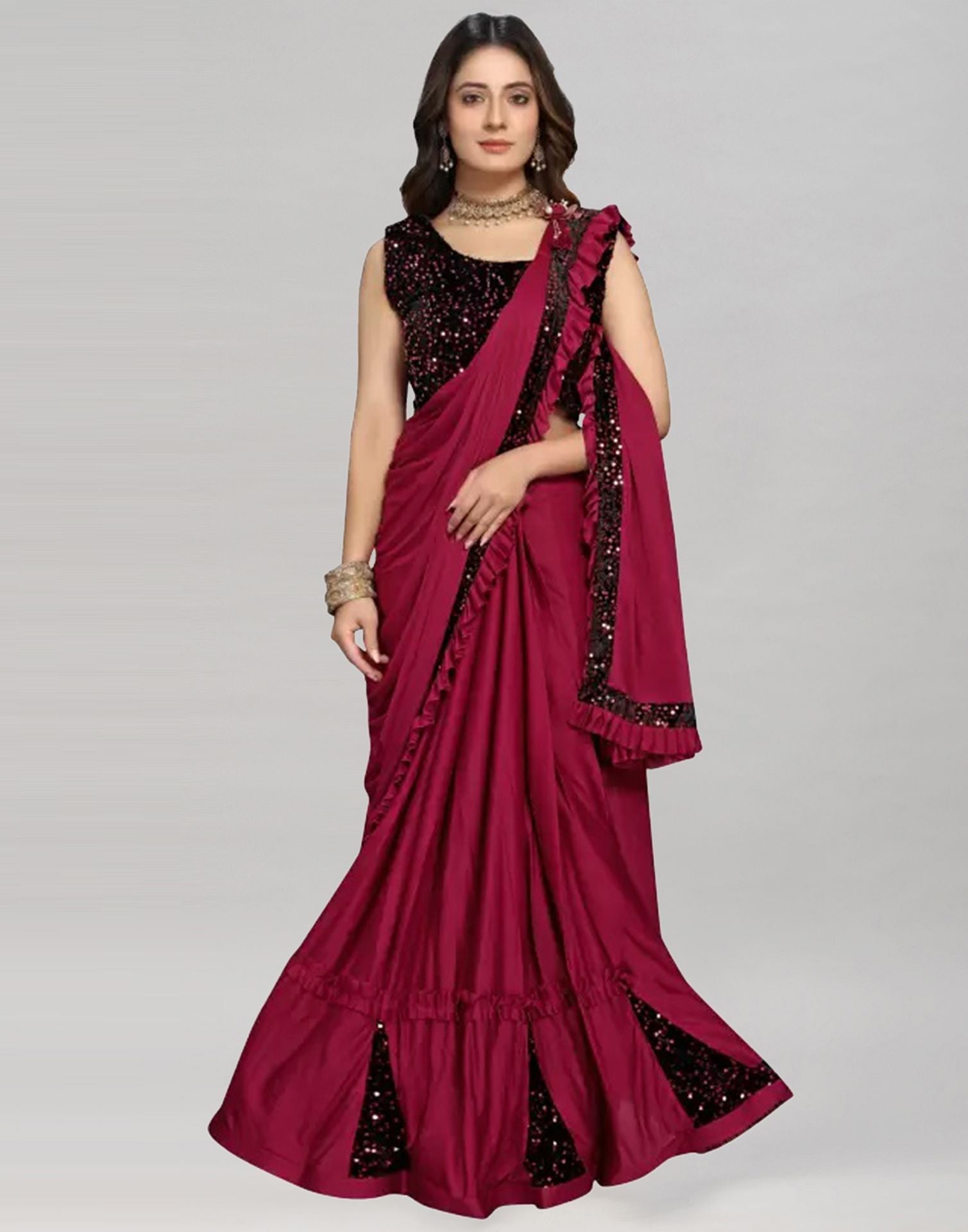 Maroon Plain Pre-draped Saree | Sudathi