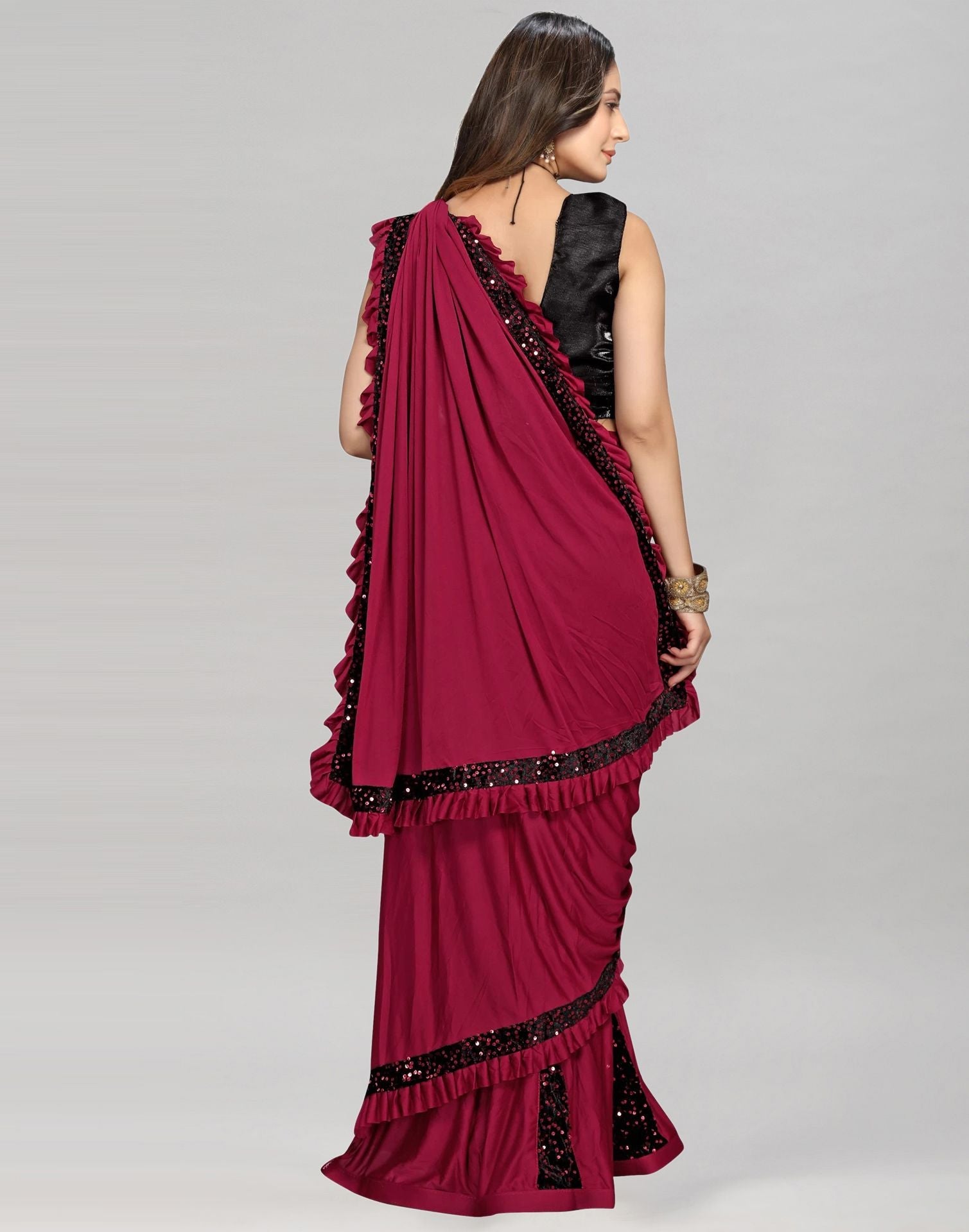 Maroon Plain Pre-draped Saree | Sudathi