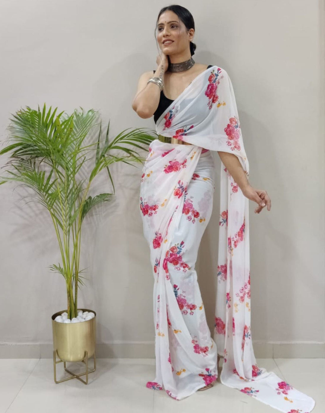 White Printed Pre-draped Saree | Sudathi