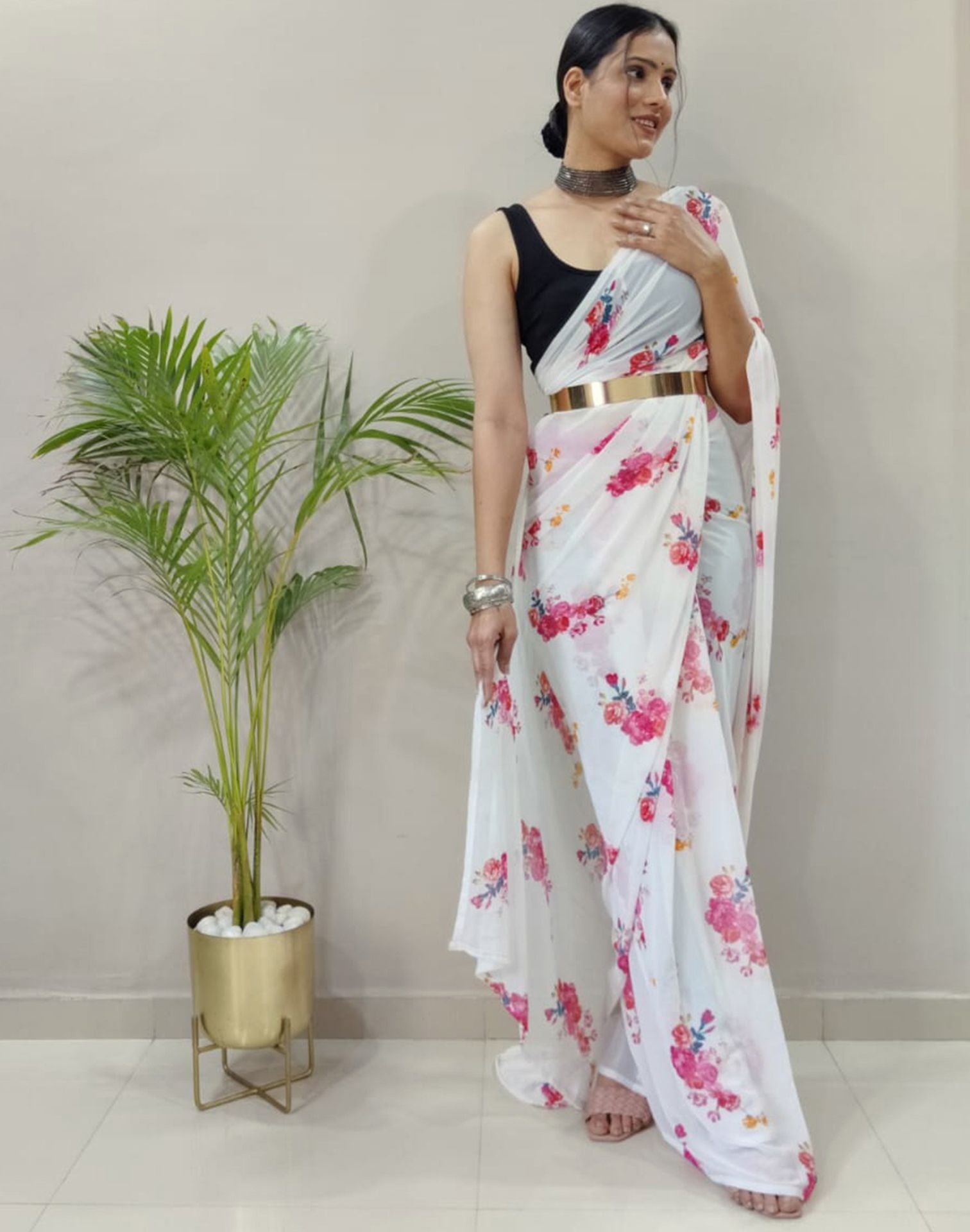 White Printed Pre-draped Saree | Sudathi