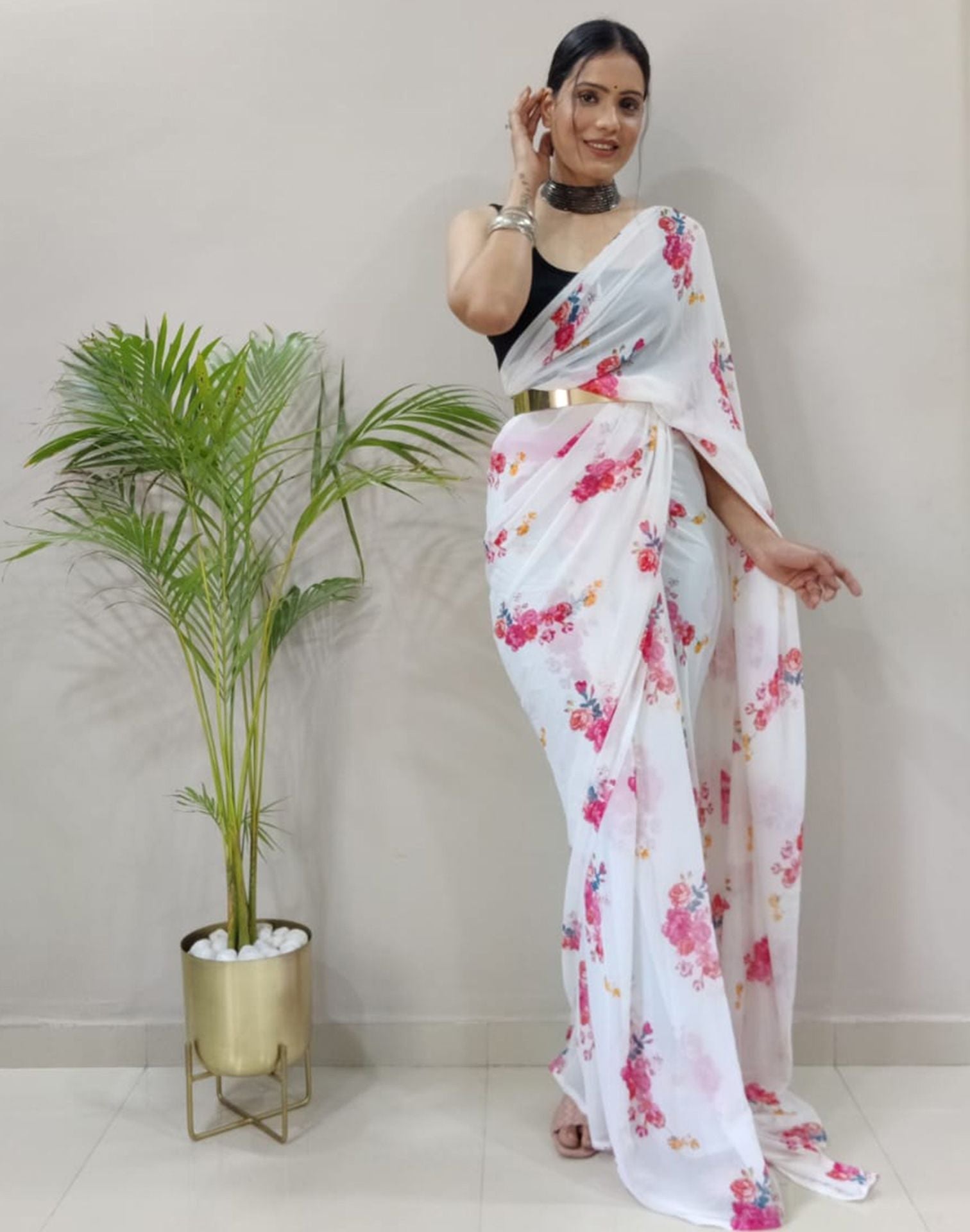White Printed Pre-draped Saree | Sudathi