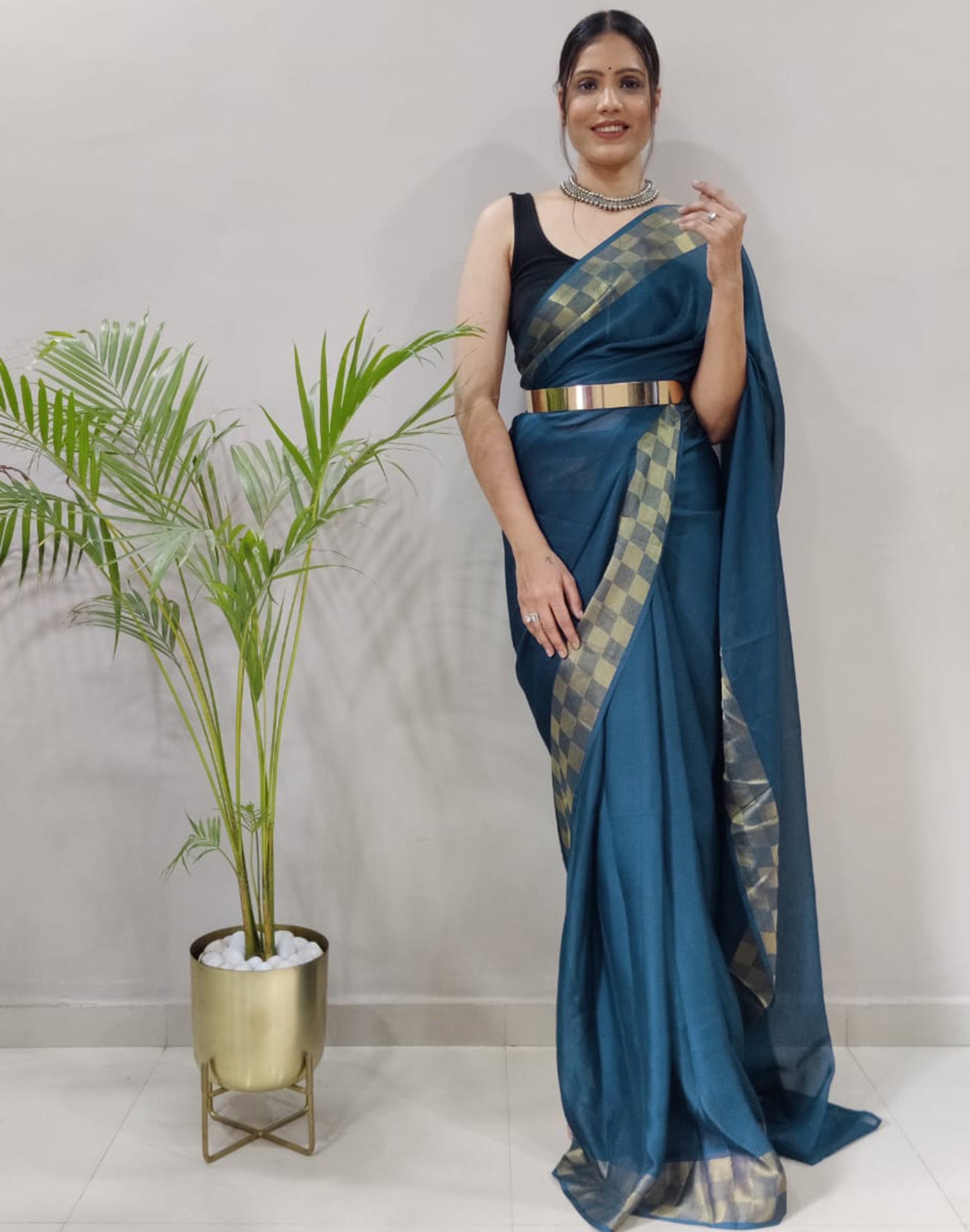 Still Blue Plain Pre-draped Saree | Sudathi