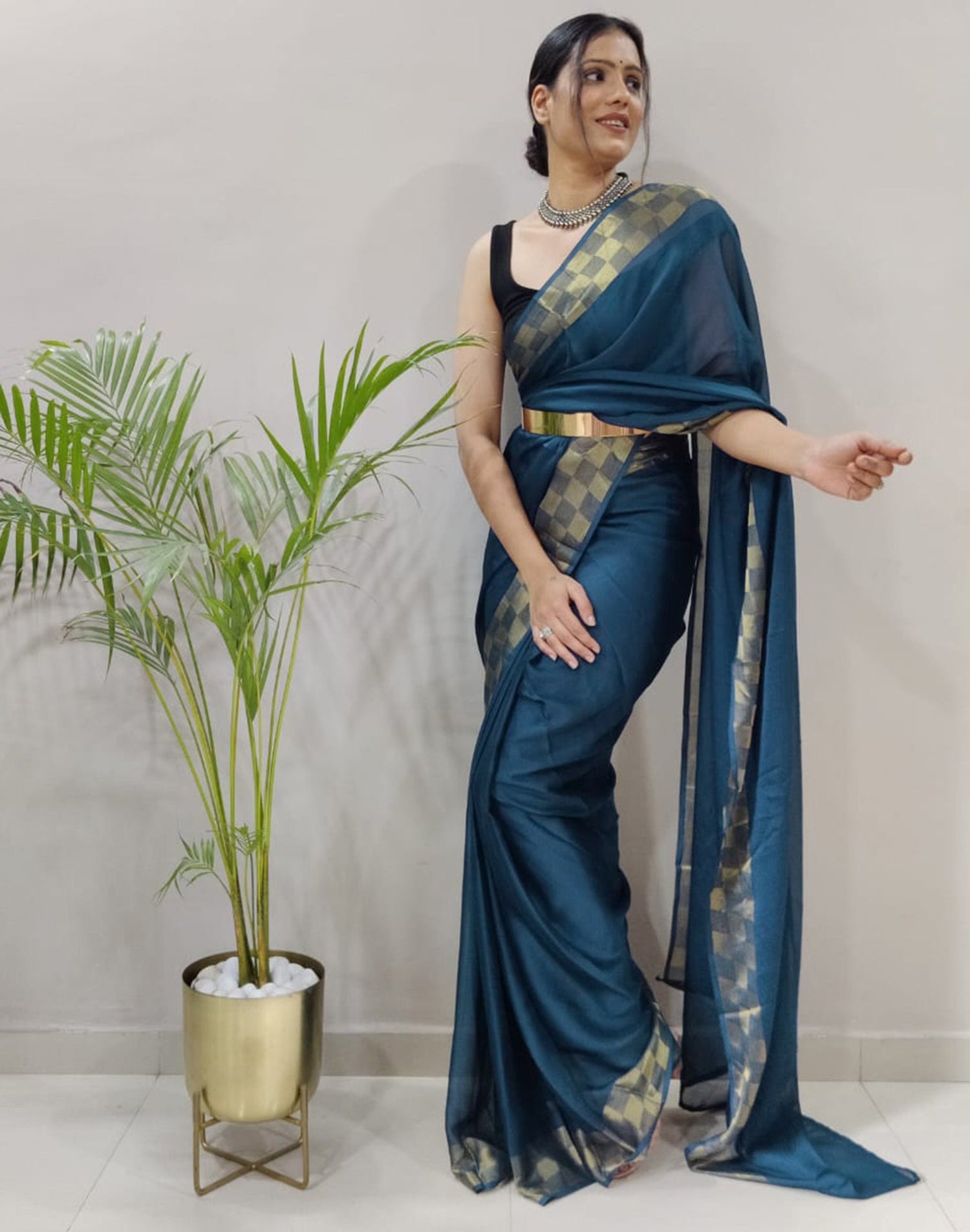 Still Blue Plain Pre-draped Saree | Sudathi