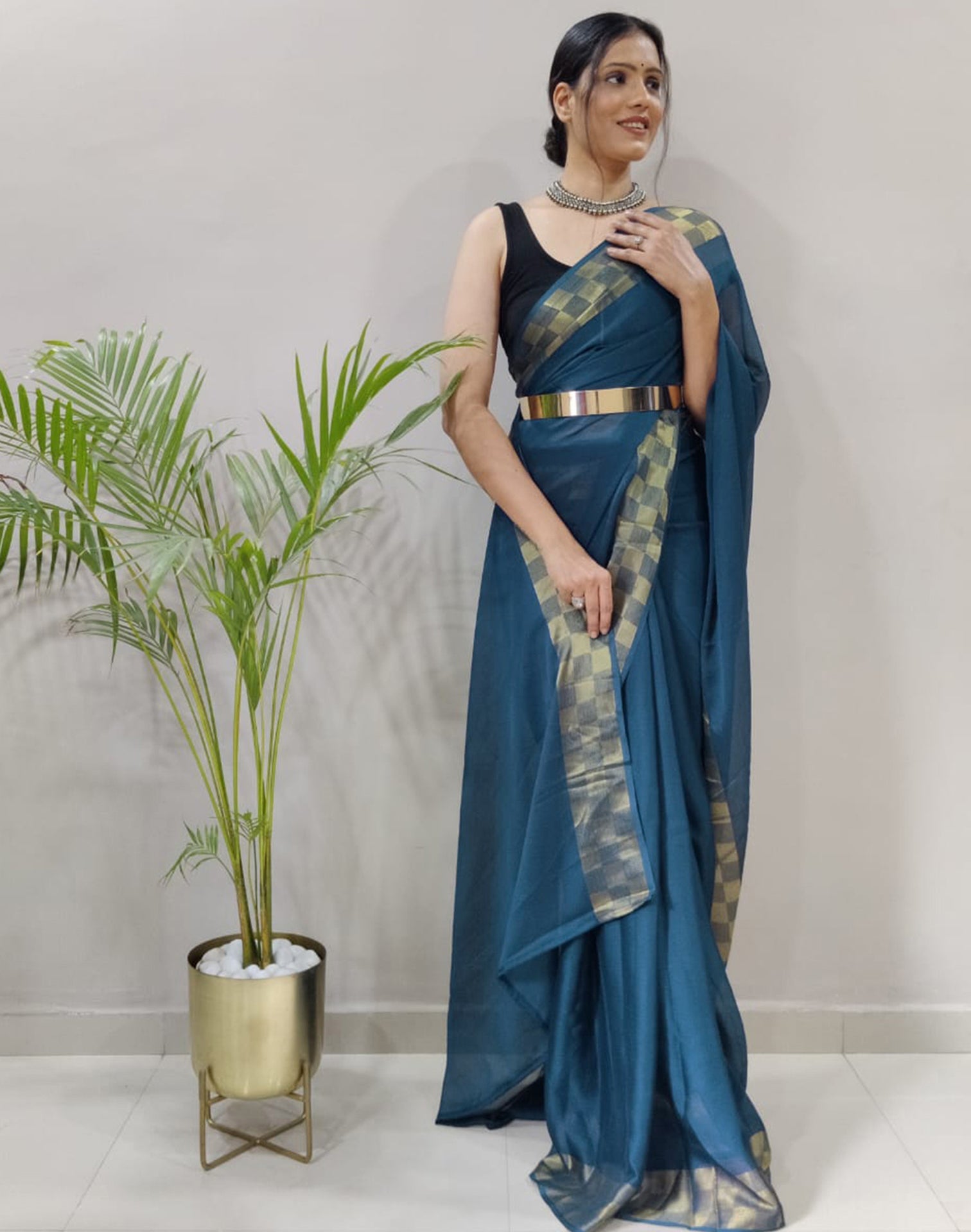 Still Blue Plain Pre-draped Saree | Sudathi