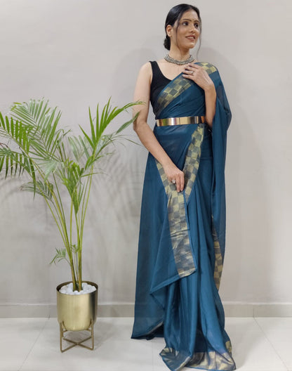 Still Blue Plain Pre-draped Saree | Sudathi