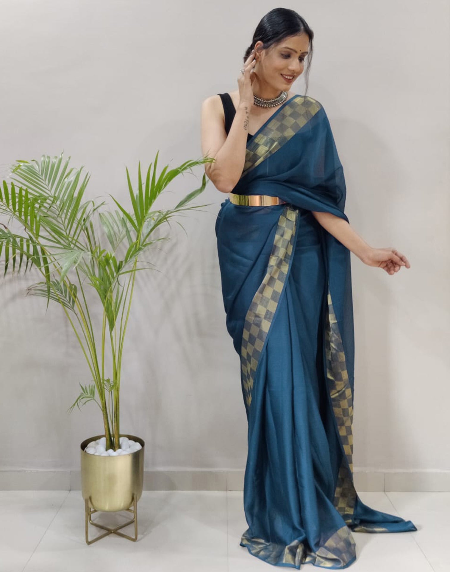 Still Blue Plain Pre-draped Saree | Sudathi