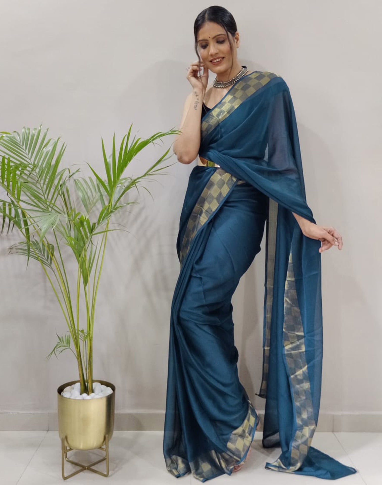 Still Blue Plain Pre-draped Saree | Sudathi