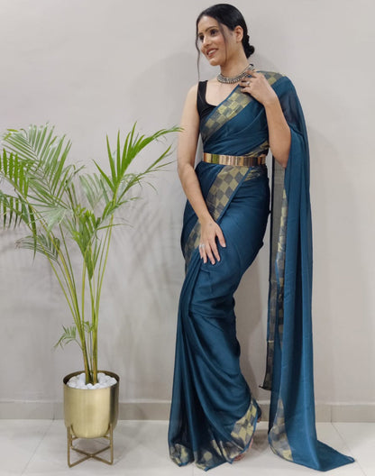 Still Blue Plain Pre-draped Saree | Sudathi