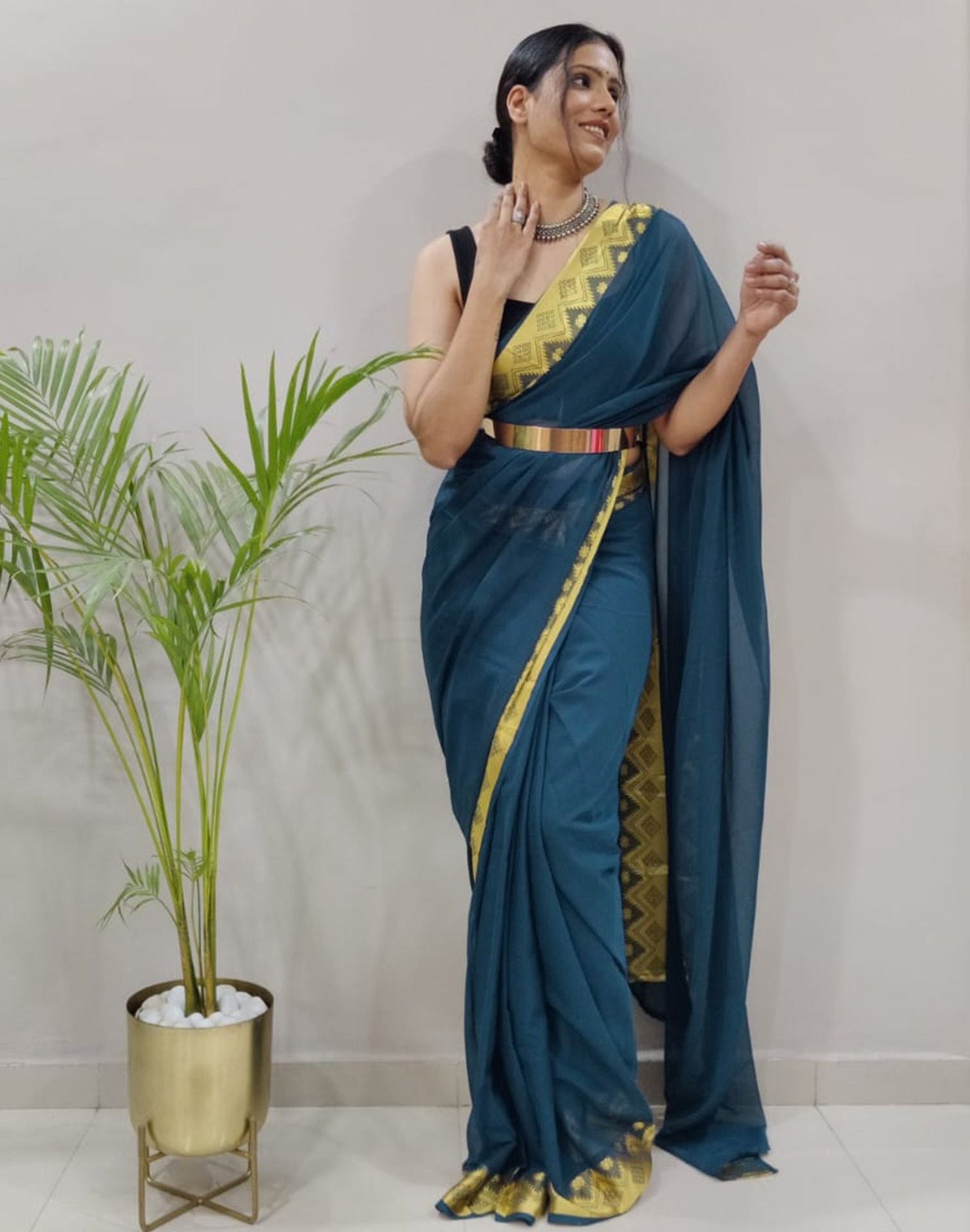 Still Blue Plain Pre-draped Saree | Sudathi