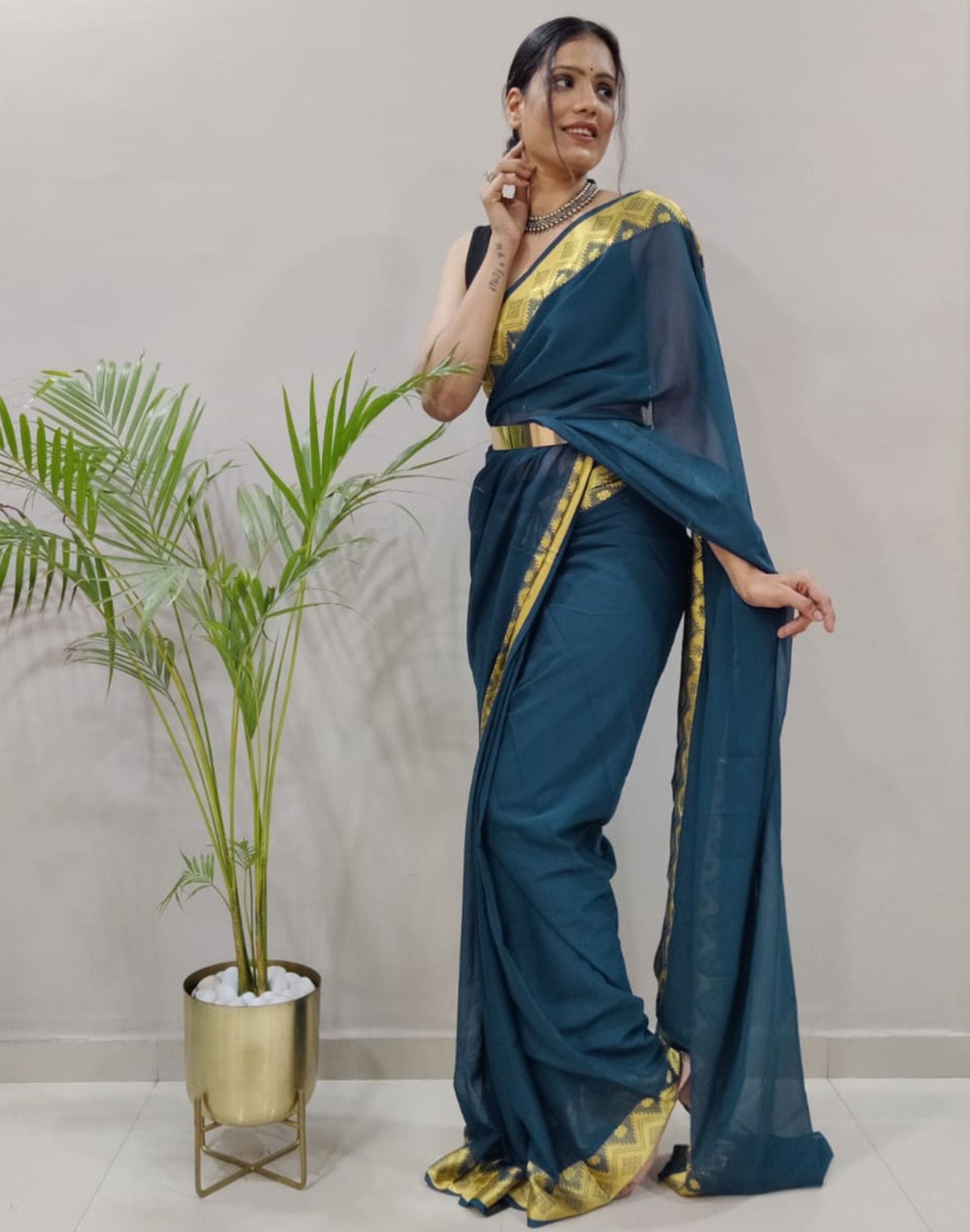 Still Blue Plain Pre-draped Saree | Sudathi