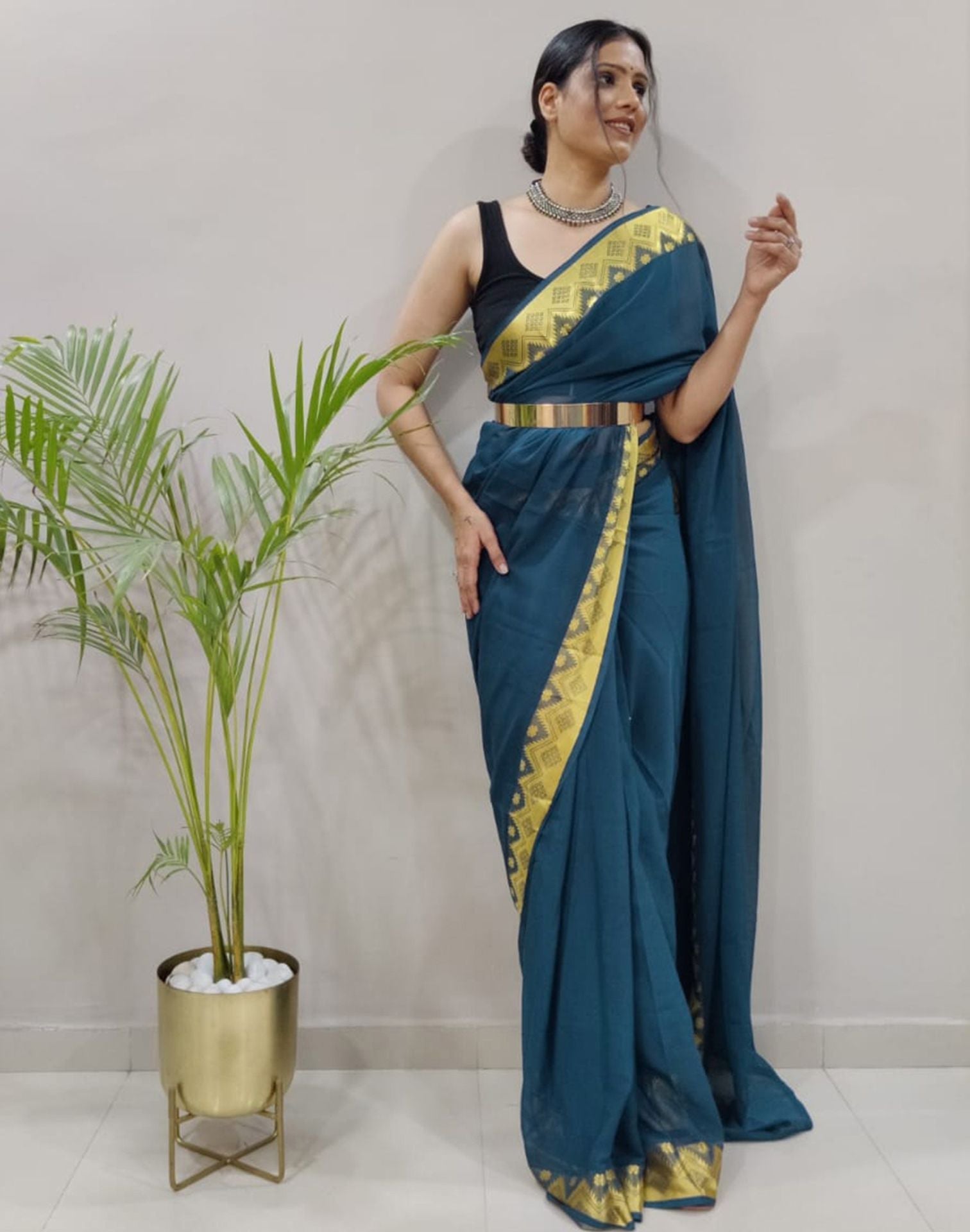 Still Blue Plain Pre-draped Saree | Sudathi