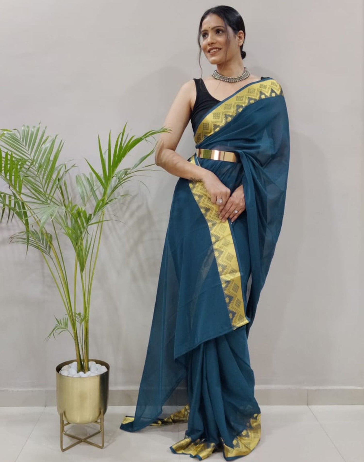 Still Blue Plain Pre-draped Saree | Sudathi