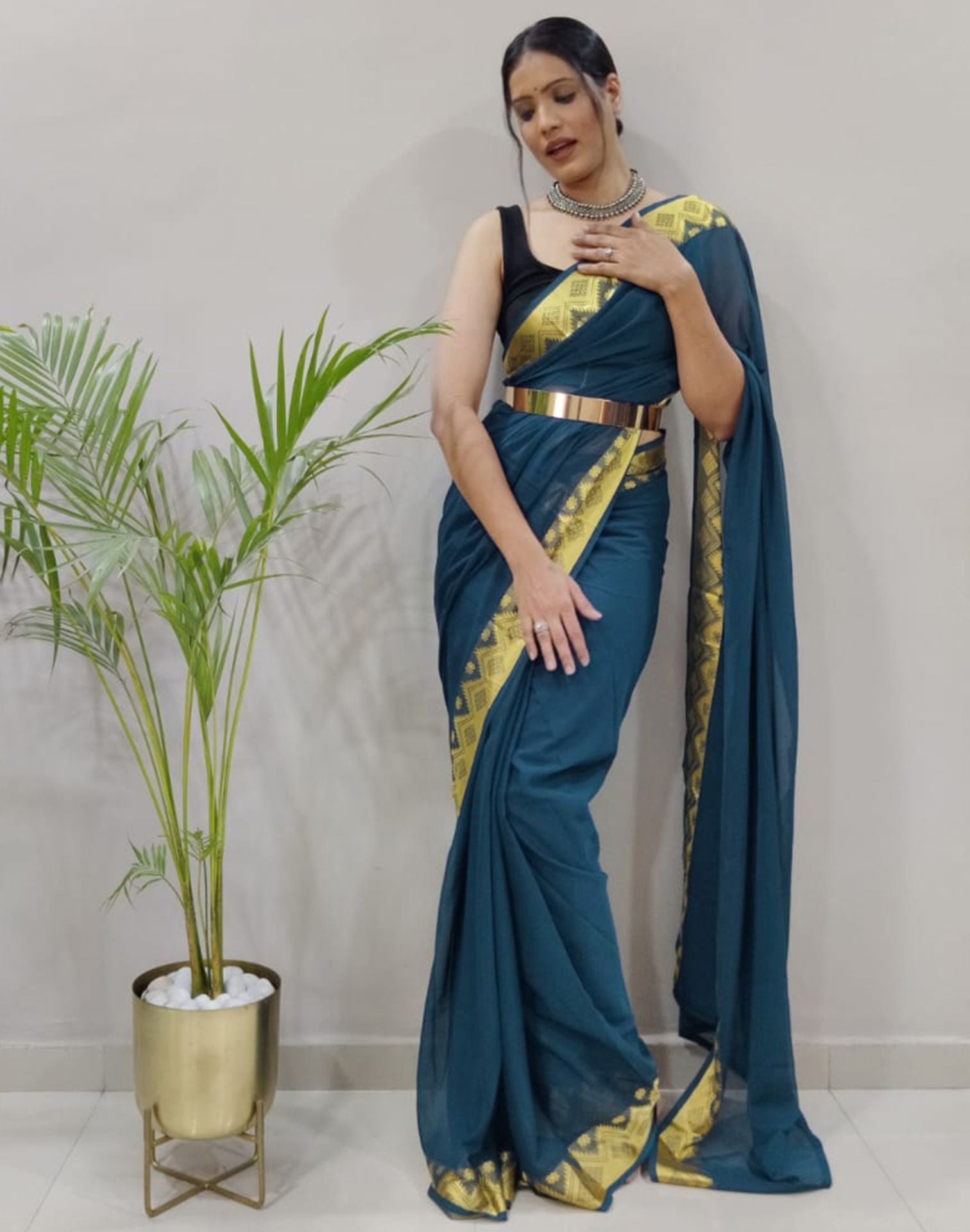 Still Blue Plain Pre-draped Saree | Sudathi