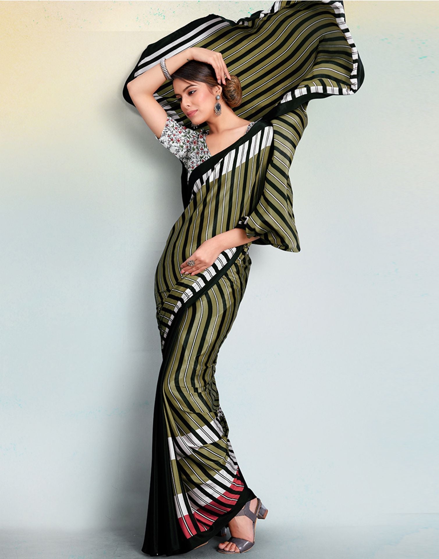 Dark Olive Green Silk Printed Saree | Sudathi