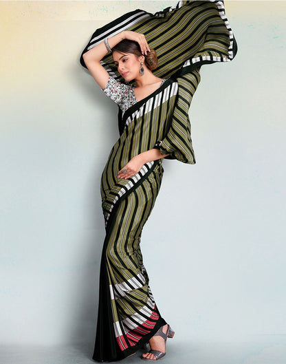 Dark Olive Green Silk Printed Saree | Sudathi