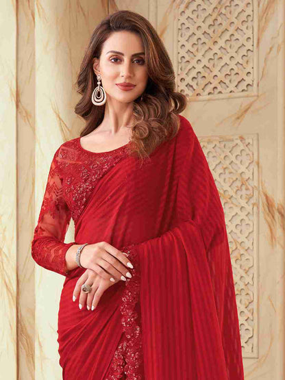 Red Plain Woven Saree