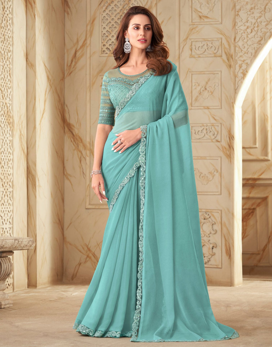 Light Blue Plain Chiffon Saree | Leemboodi