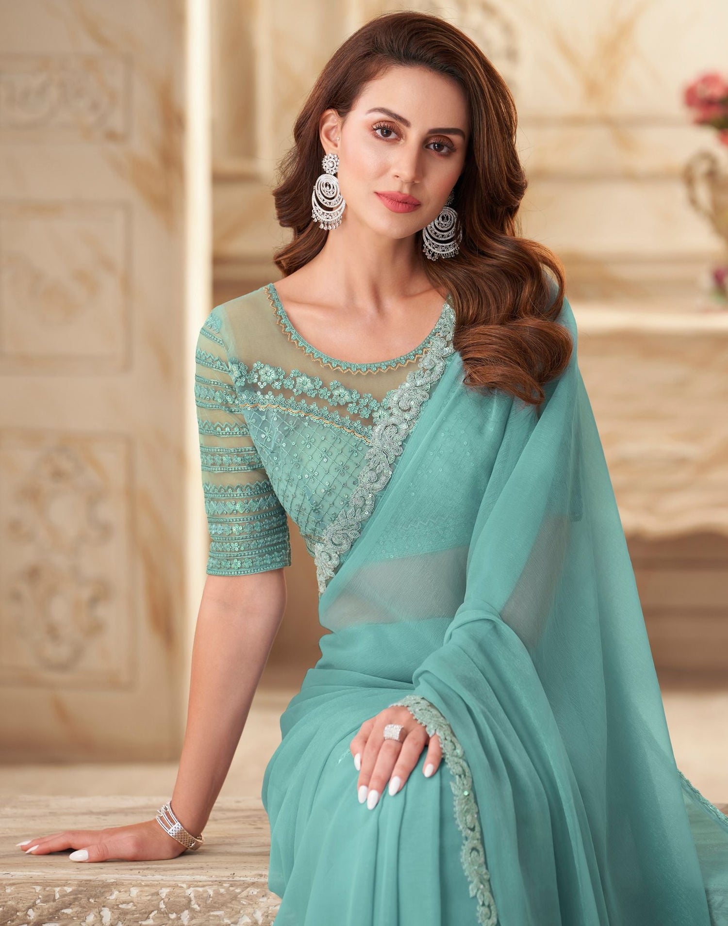 Light Blue Plain Chiffon Saree | Leemboodi