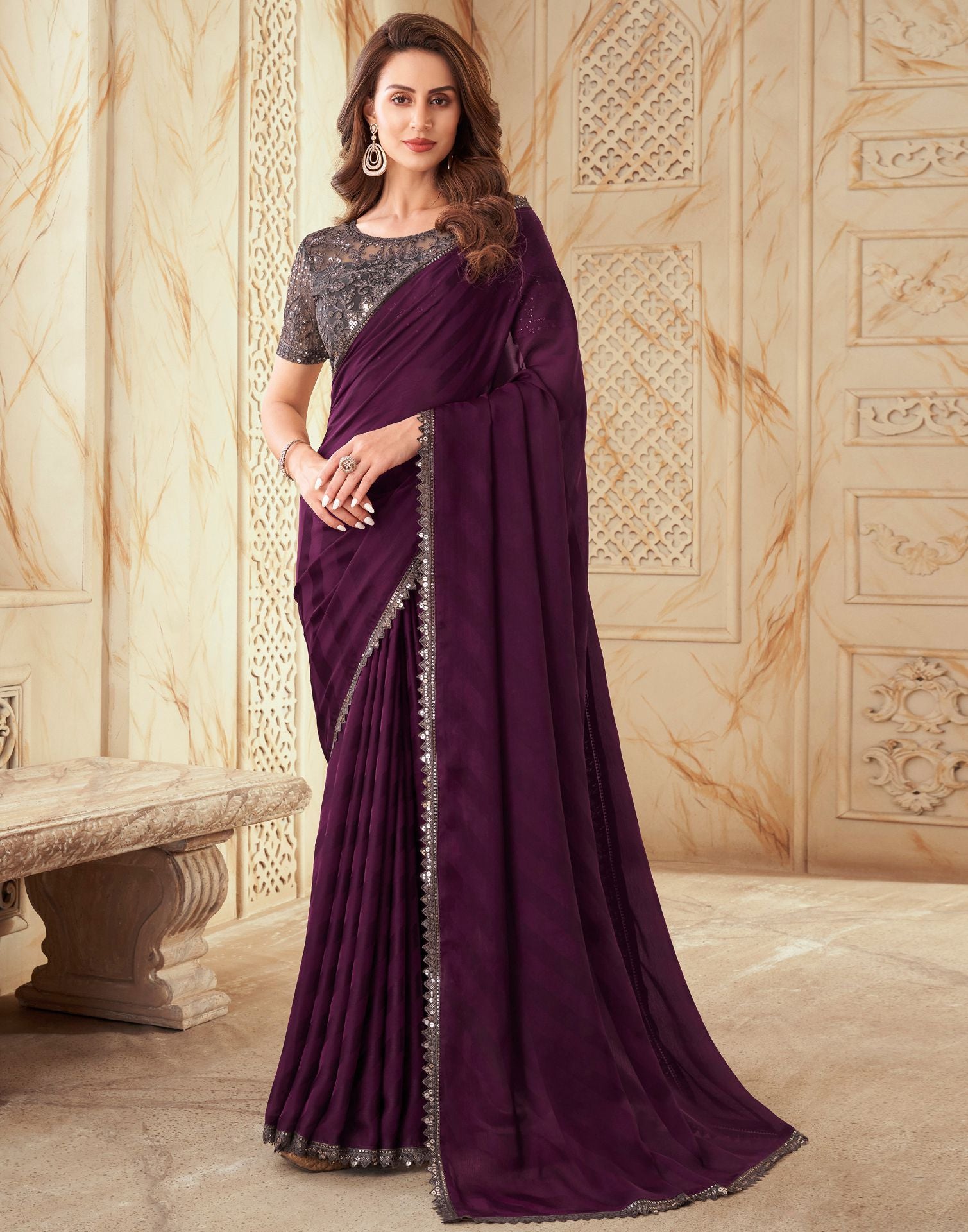 Wine Chiffon Plain Woven Saree | Leemboodi