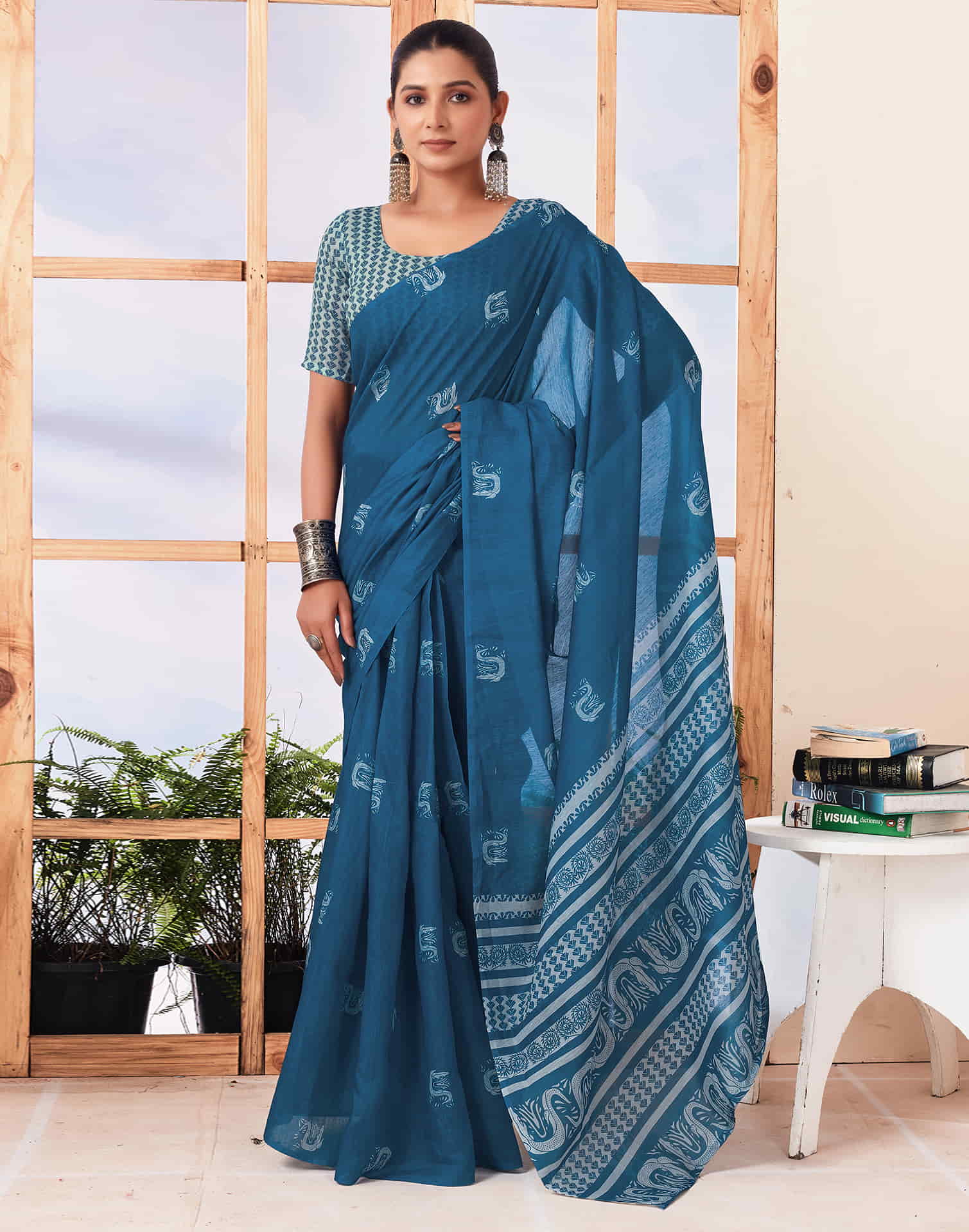 Ready To Wear Sea Blue  Printed Cotton Saree