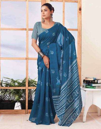 Ready To Wear Sea Blue  Printed Cotton Saree