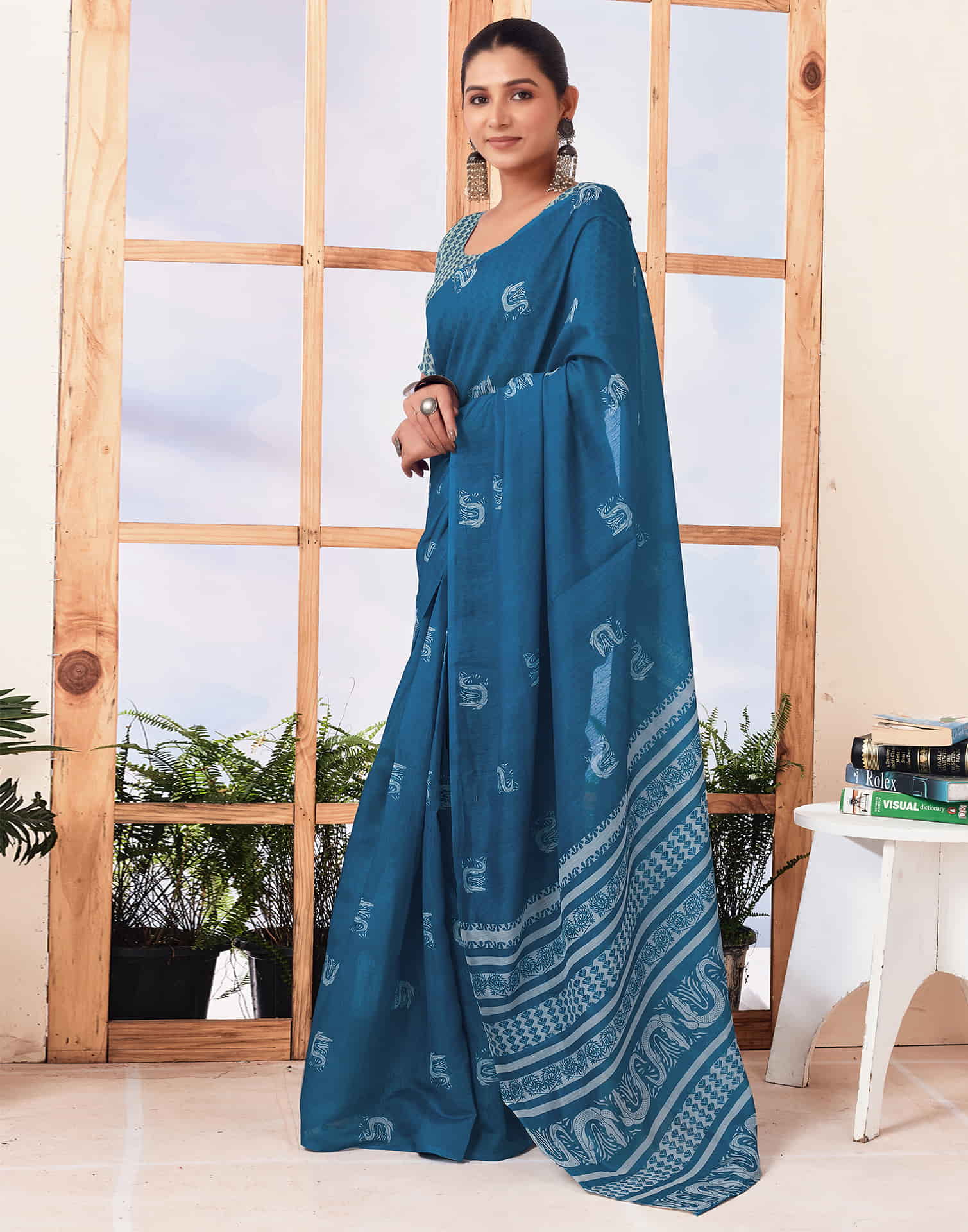 Ready To Wear Sea Blue  Printed Cotton Saree