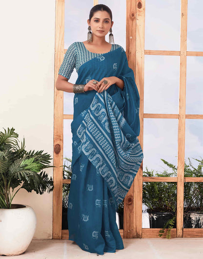 Ready To Wear Sea Blue  Printed Cotton Saree