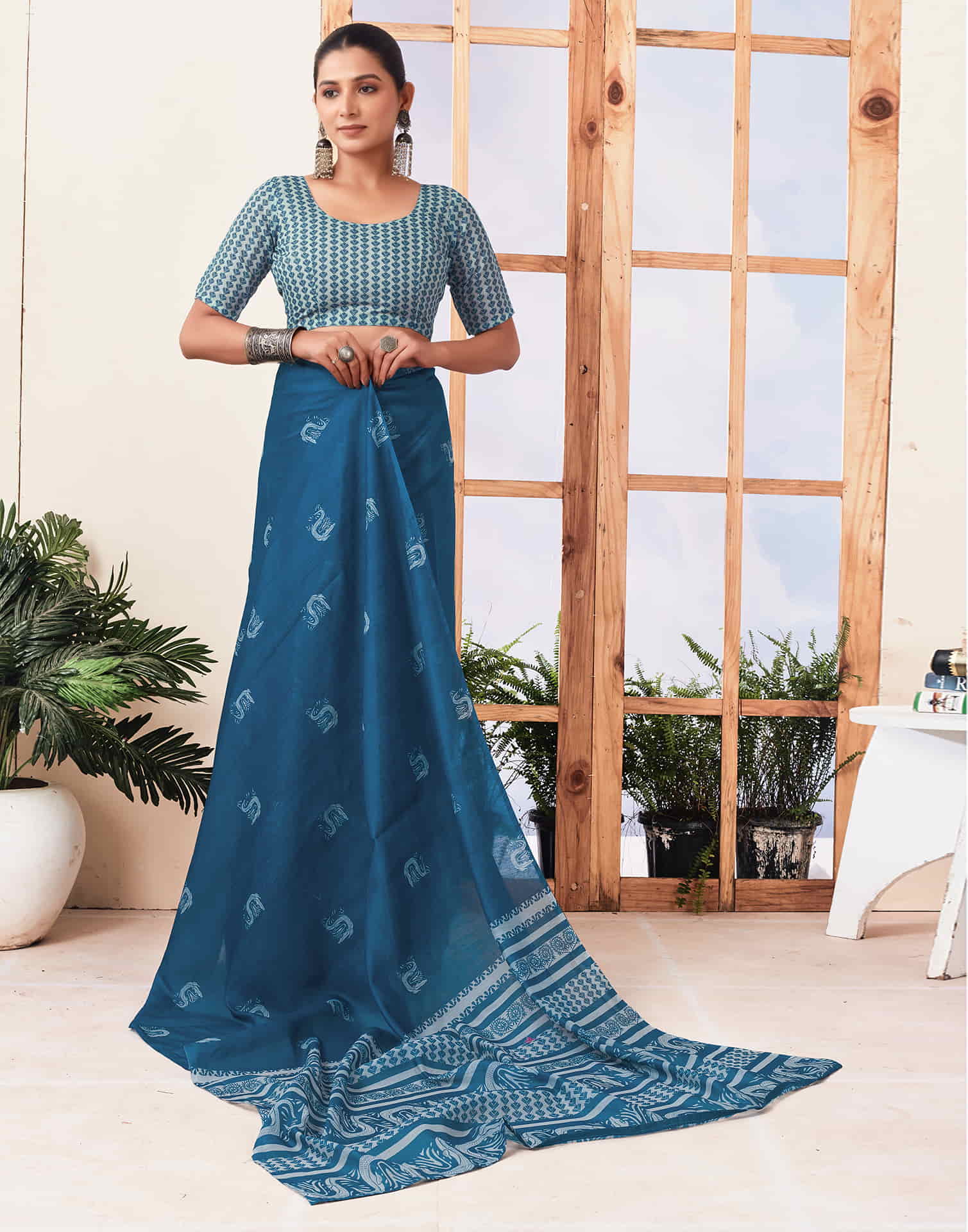 Ready To Wear Sea Blue  Printed Cotton Saree