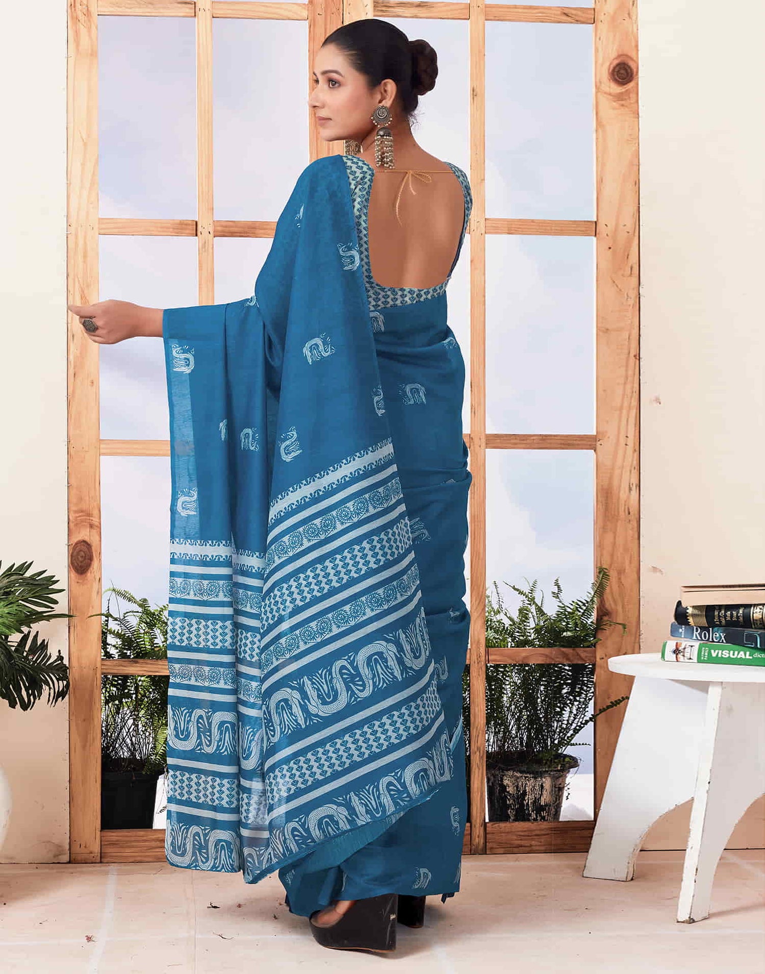 Ready To Wear Sea Blue  Printed Cotton Saree