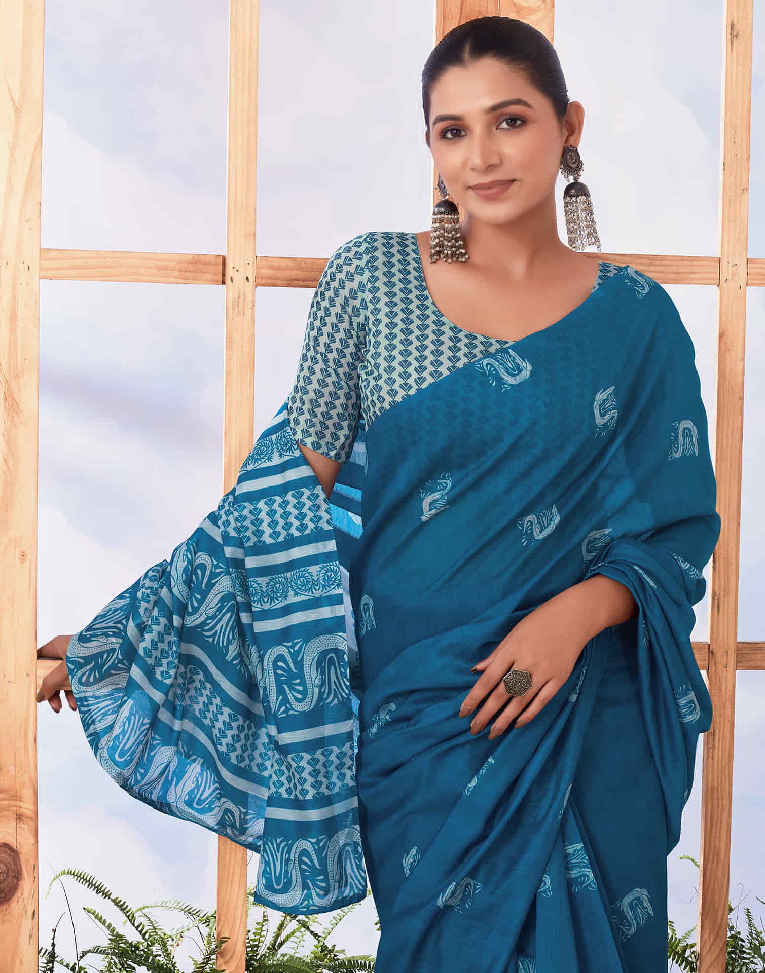 Ready To Wear Sea Blue  Printed Cotton Saree