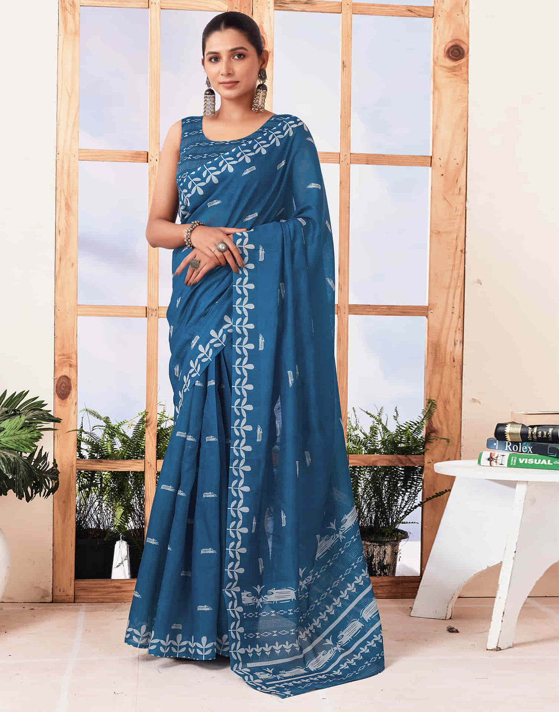 Ready To Wear Sea Blue  Printed Cotton Saree