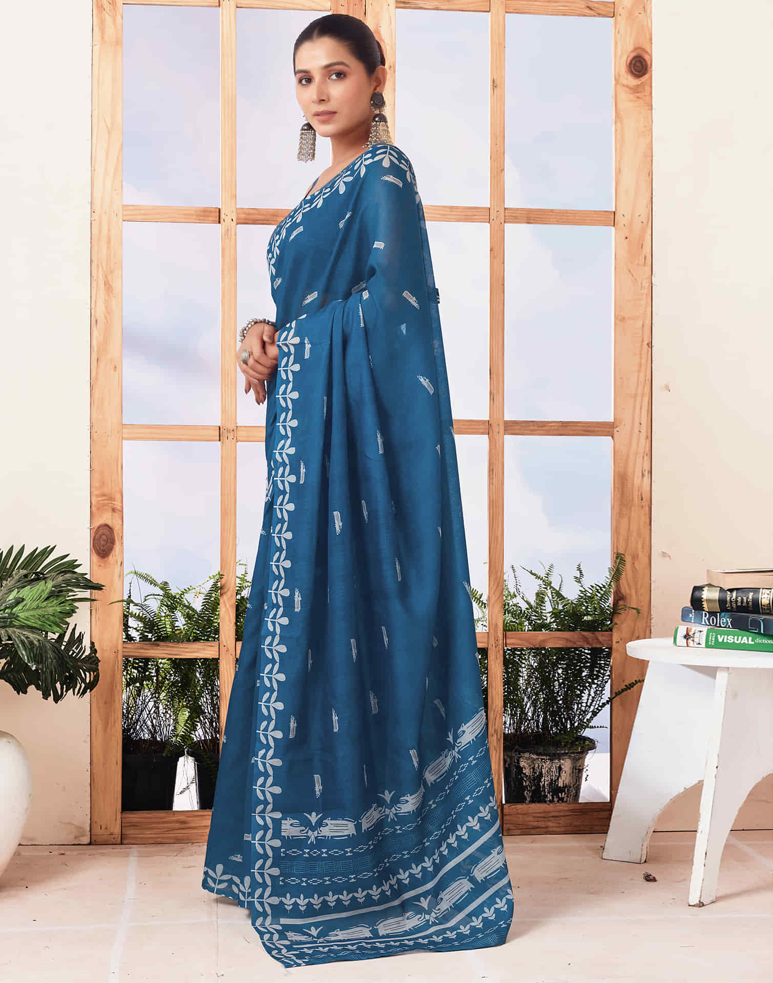 Ready To Wear Sea Blue  Printed Cotton Saree