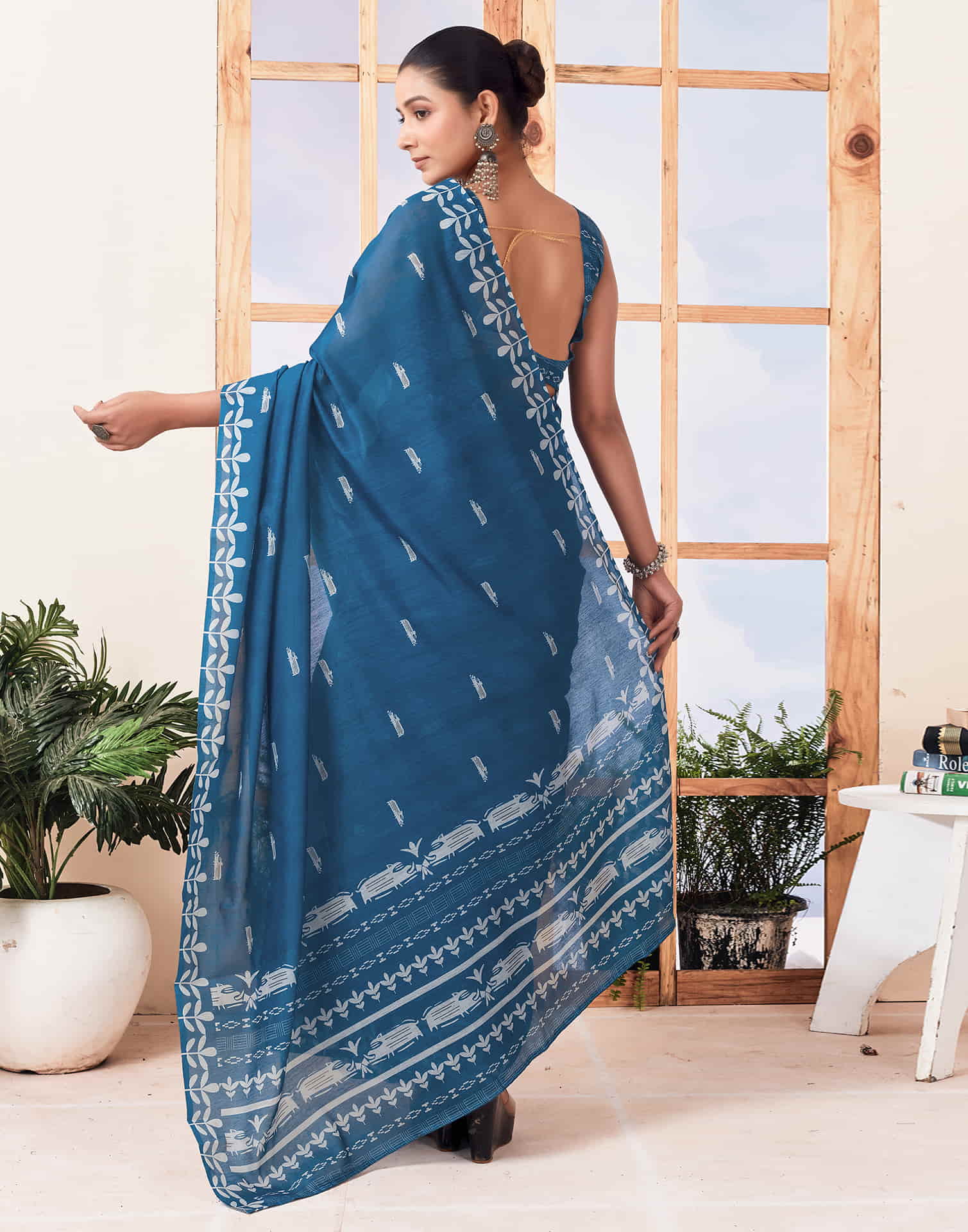 Ready To Wear Sea Blue  Printed Cotton Saree