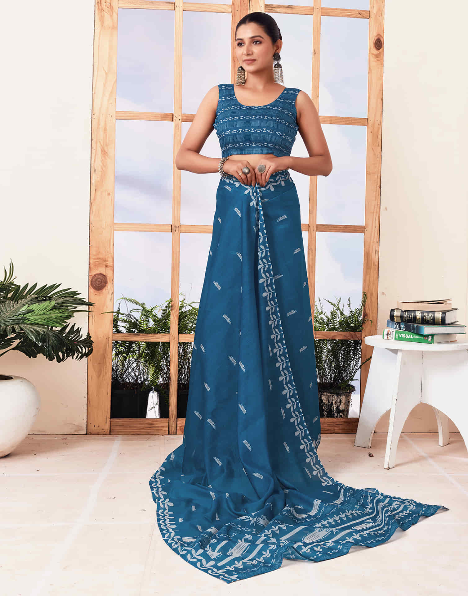 Ready To Wear Sea Blue  Printed Cotton Saree