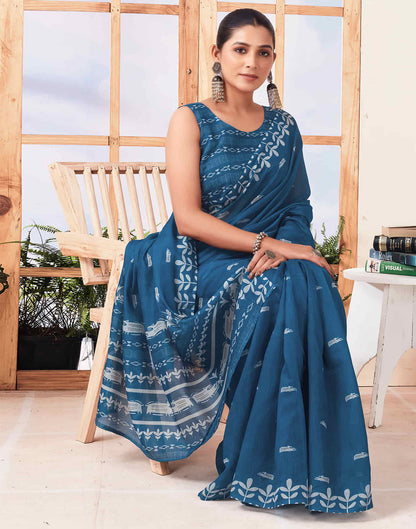 Ready To Wear Sea Blue  Printed Cotton Saree