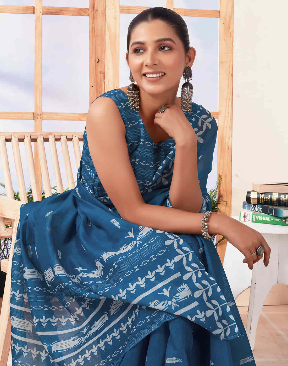 Ready To Wear Sea Blue  Printed Cotton Saree