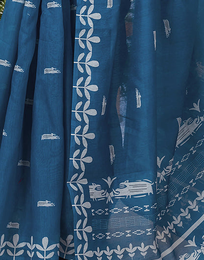 Ready To Wear Sea Blue  Printed Cotton Saree