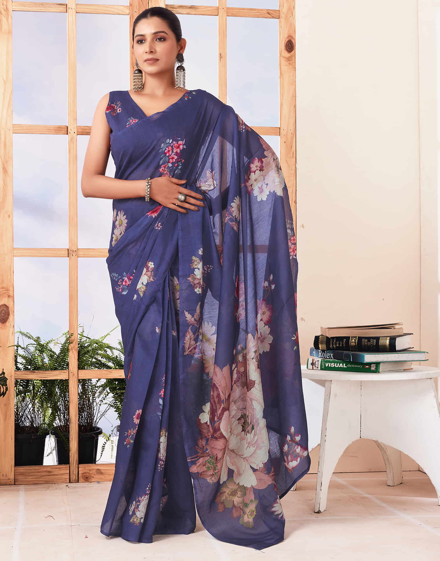 Ready To Wear Navy Blue Printed Cotton Saree