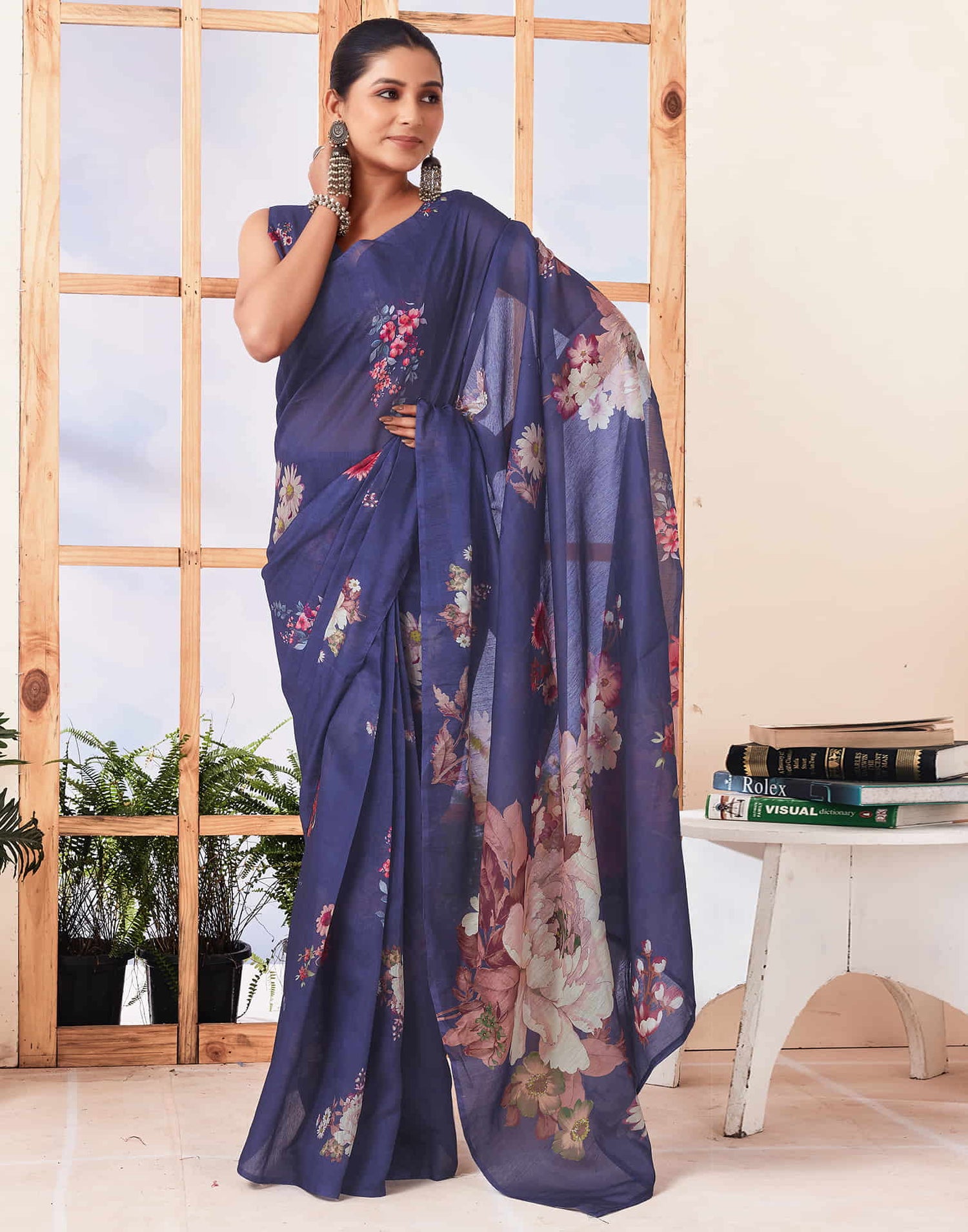 Ready To Wear Navy Blue Printed Cotton Saree