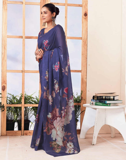 Ready To Wear Navy Blue Printed Cotton Saree